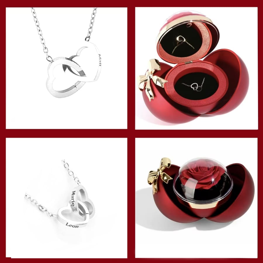 Rosa Eterna in Cofanetto a Cuore — Collana Doppio Cuore Incisa — 7