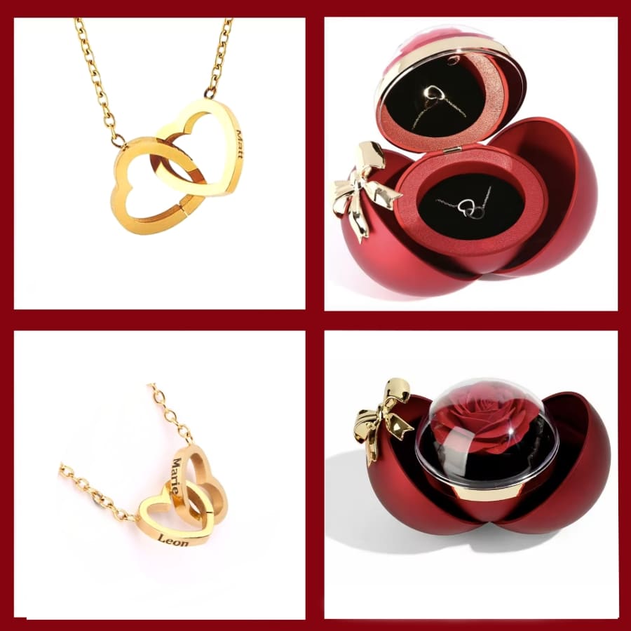 Rosa Eterna in Cofanetto a Cuore — Collana Doppio Cuore Incisa — 2