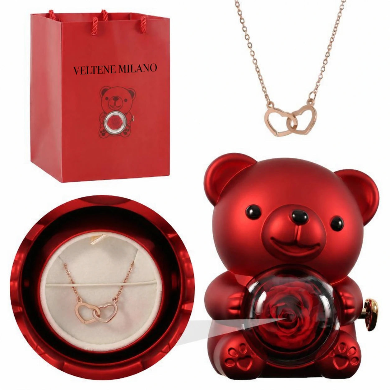 Veltene Milano - Orsetto con rosa eterna e collana incisa - 3