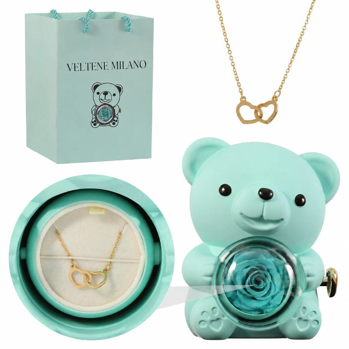Veltene Milano - Orsetto con rosa eterna e collana incisa - 4