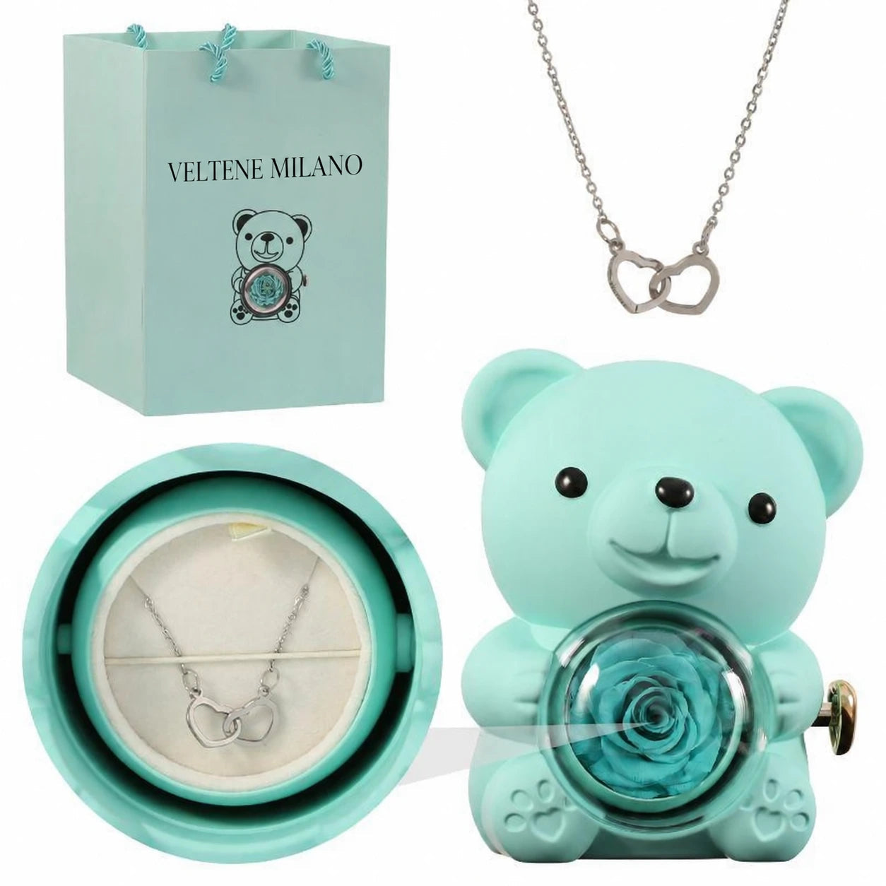 Veltene Milano - Orsetto con rosa eterna e collana incisa - 5