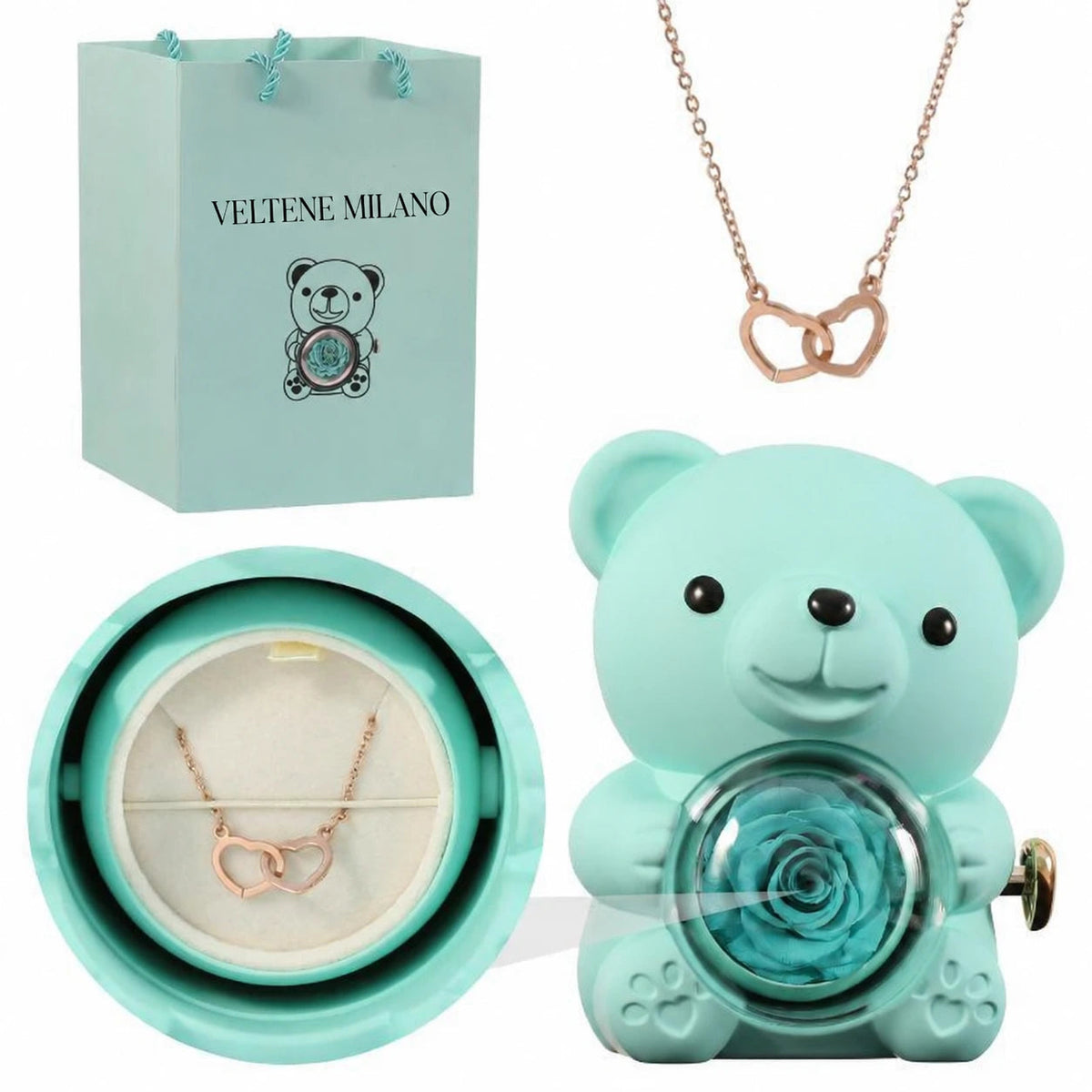 Veltene Milano - Orsetto con rosa eterna e collana incisa - 6