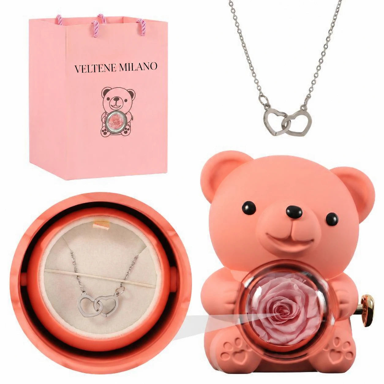 Veltene Milano - Orsetto con rosa eterna e collana incisa - 8