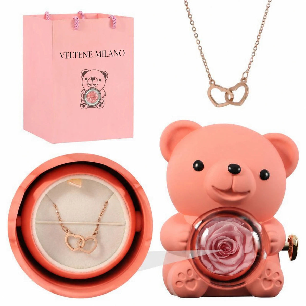 Veltene Milano - Orsetto con rosa eterna e collana incisa - 9
