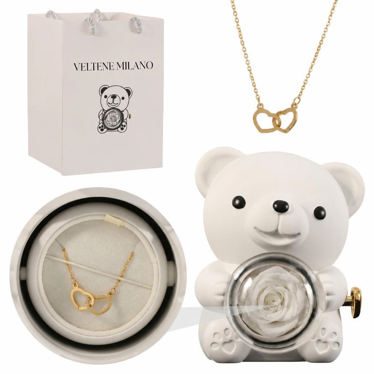 Veltene Milano - Orsetto con rosa eterna e collana incisa - 10