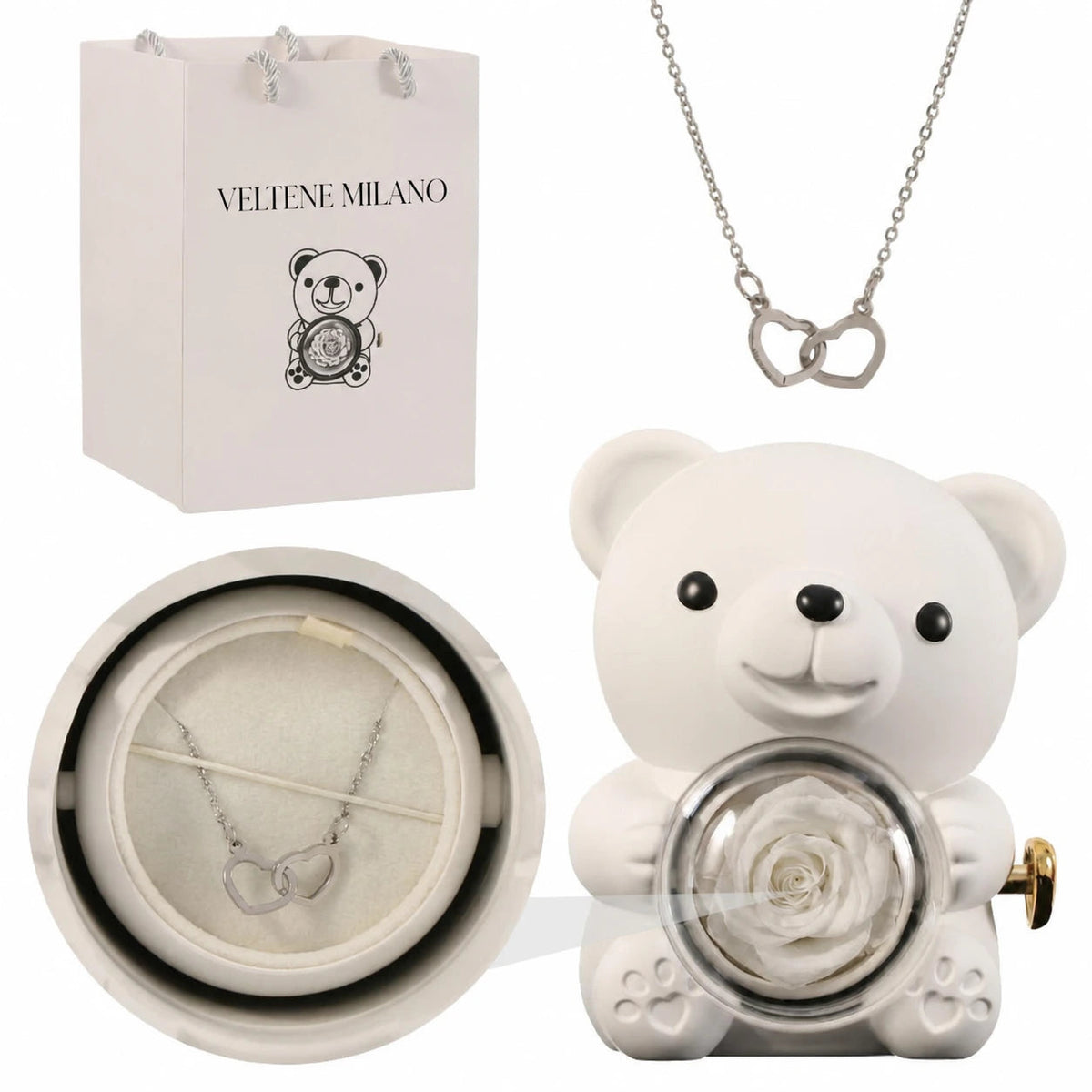 Veltene Milano - Orsetto con rosa eterna e collana incisa - 11