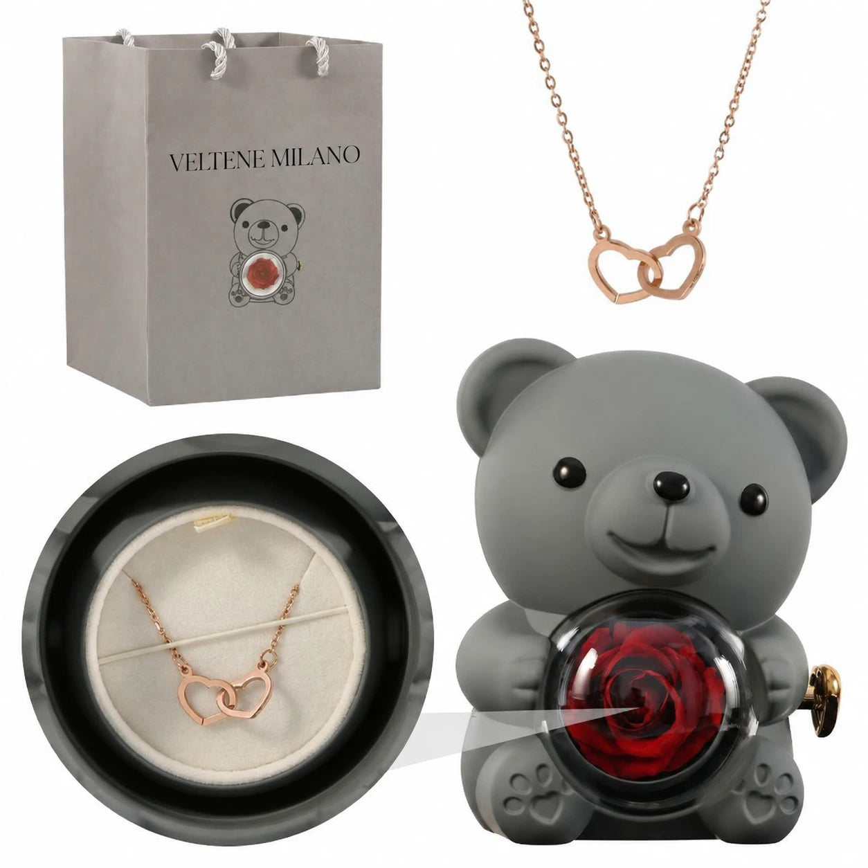 Veltene Milano - Orsetto con rosa eterna e collana incisa - 14