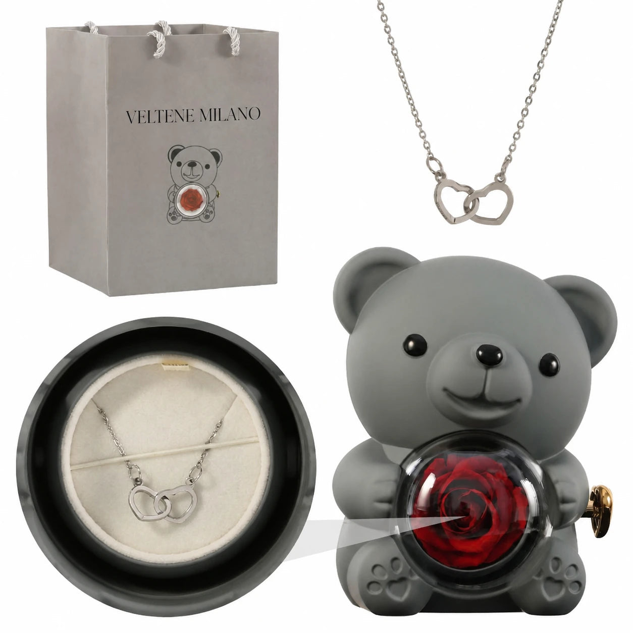 Veltene Milano - Orsetto con rosa eterna e collana incisa - 15