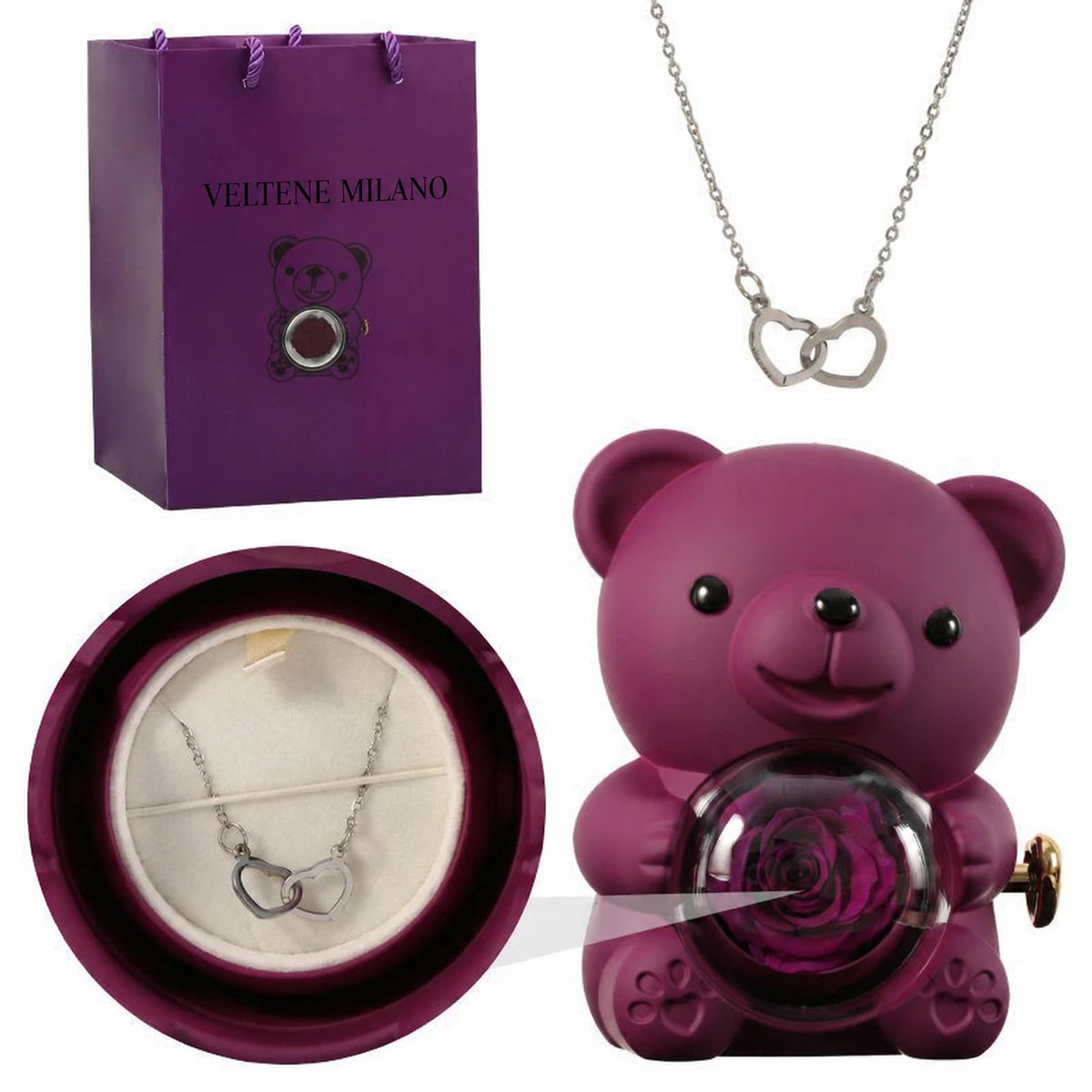 Veltene Milano - Orsetto con rosa eterna e collana incisa - 17