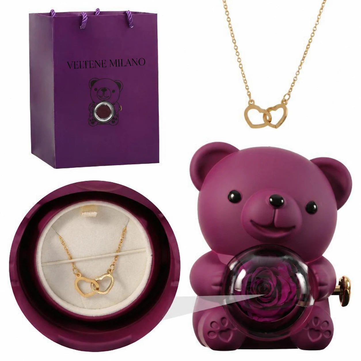 Veltene Milano - Orsetto con rosa eterna e collana incisa - 18