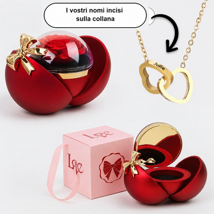 Rosa Eterna in Cofanetto a Cuore — Collana Doppio Cuore Incisa — 1