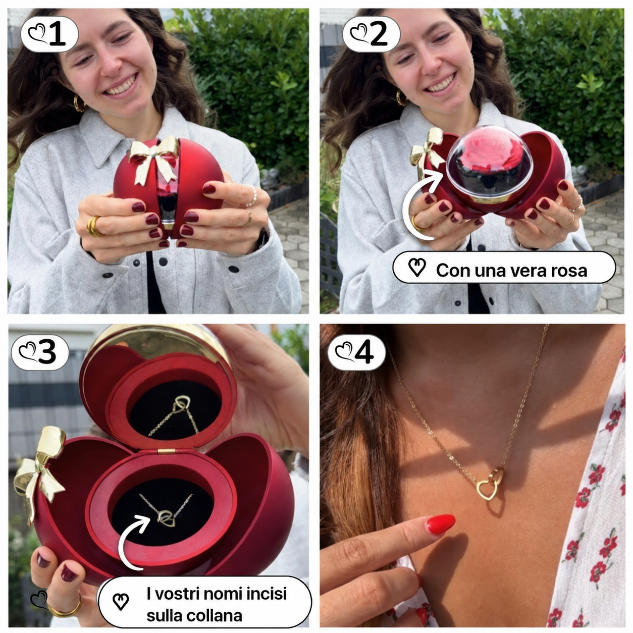 Rosa Eterna in Cofanetto a Cuore — Collana Doppio Cuore Incisa — 5